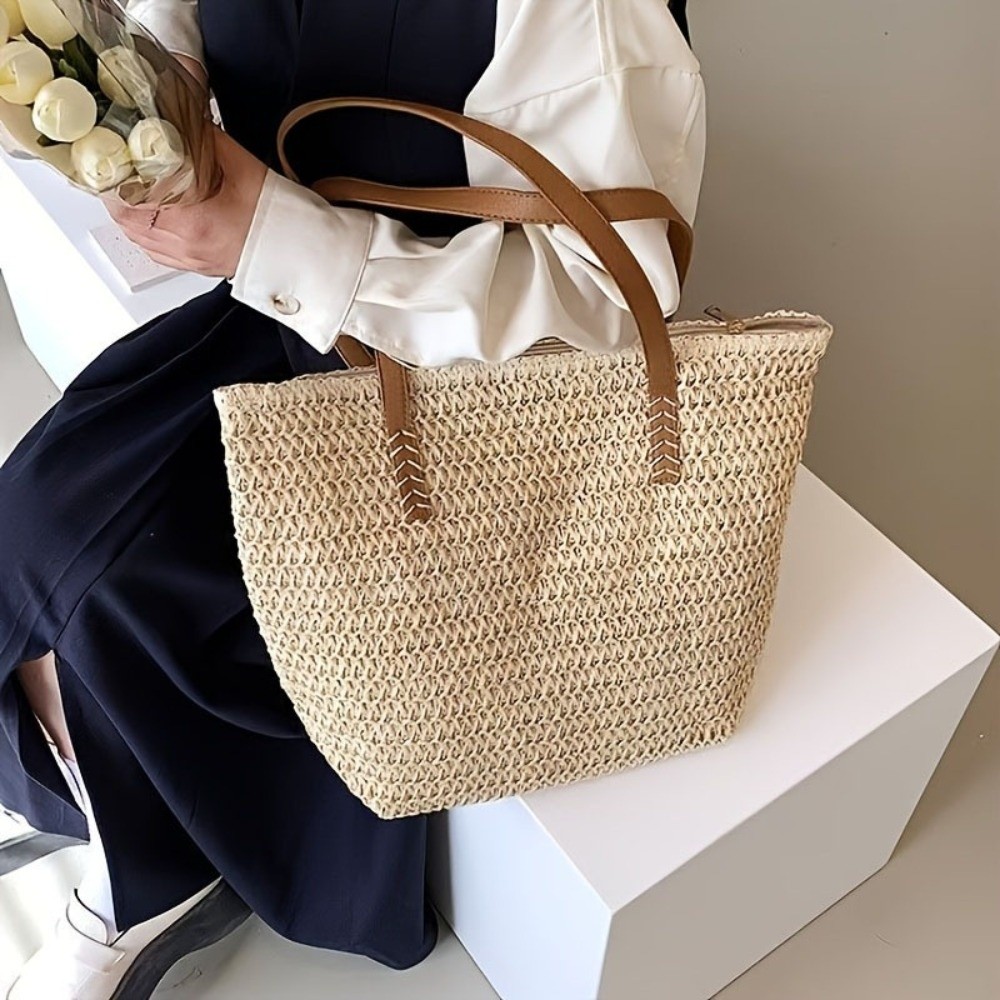 Tote Bag Beach - Sac fourre-tout carré en paille tressée