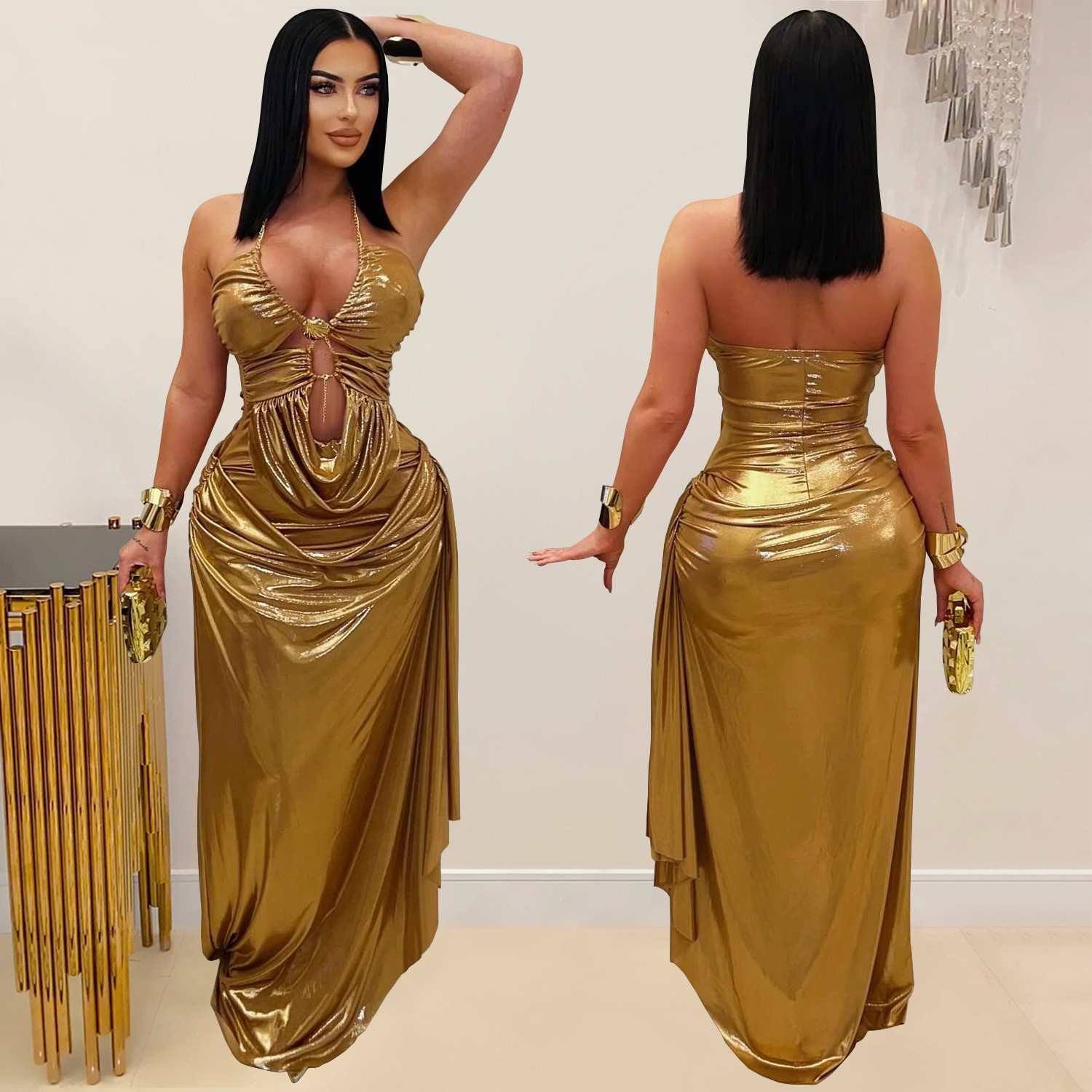 Maxi Dress Halter - Robe de soirée longue dorée métallisée