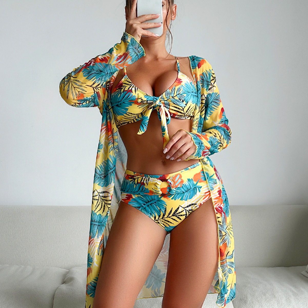 Kimono Sheer Floral - Maillot de bain 3 pièces à