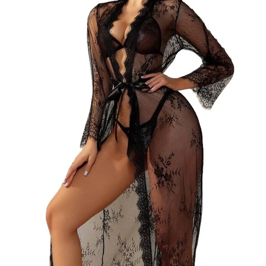 Robe longue en dentelle noire  - Kimono Sheer Floral avis et prix
