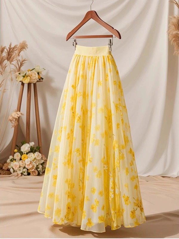 Jupe mi-longue jaune taille ha - Midi Skirt Floral avis et prix
