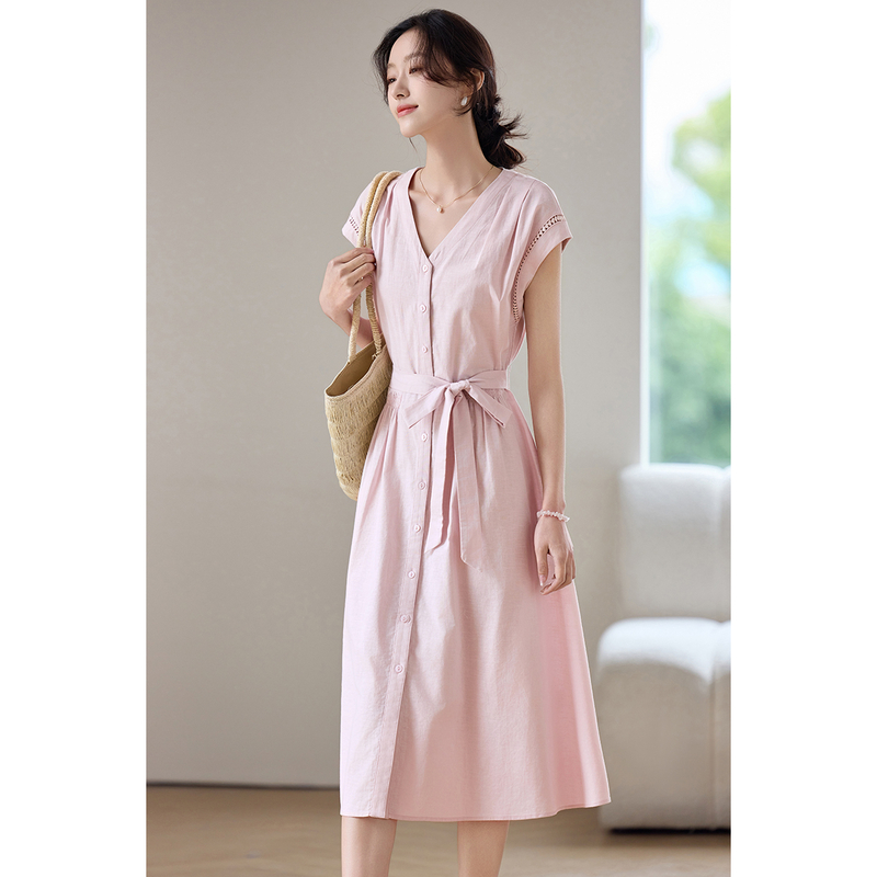 Robe midi rose élégante SENTUB - Linen Dress Wrap avis et prix