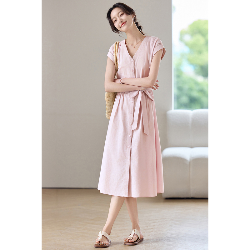 Robe midi rose élégante SENTUB - Linen Dress Wrap avis et prix
