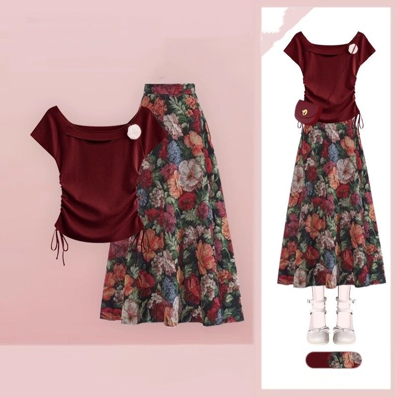 Femmes chanceux vin rouge T-Sh - Midi Skirt Floral avis et prix